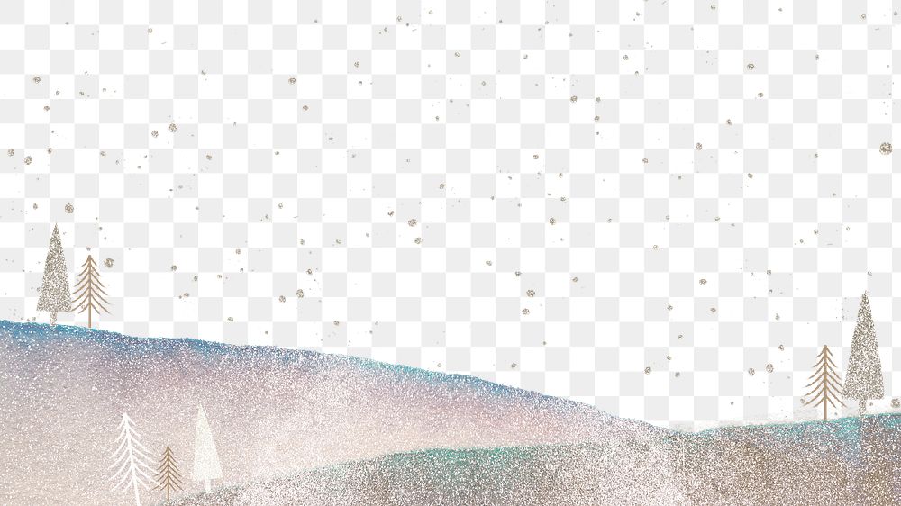 Snow landscape png border, transparent background, watercolor glitter design