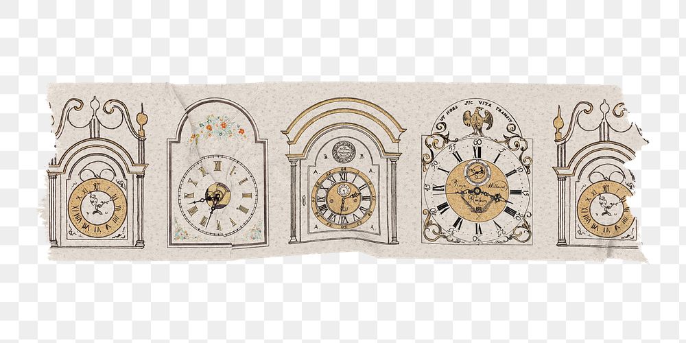 Vintage png washi tape sticker, clock pattern, decorative stationery clipart