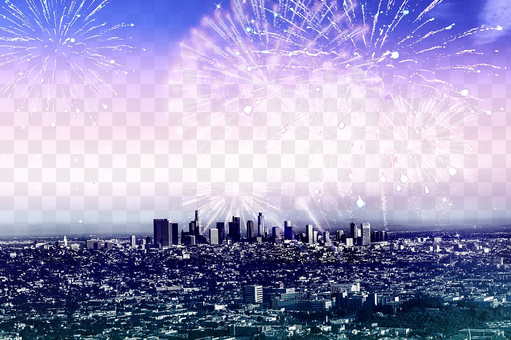 Firework png, city transparent background, new year celebration