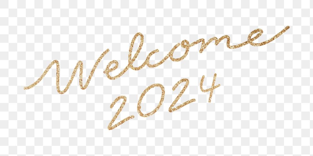 New Year png, gold calligraphy sticker design, welcome 2024, transparent background