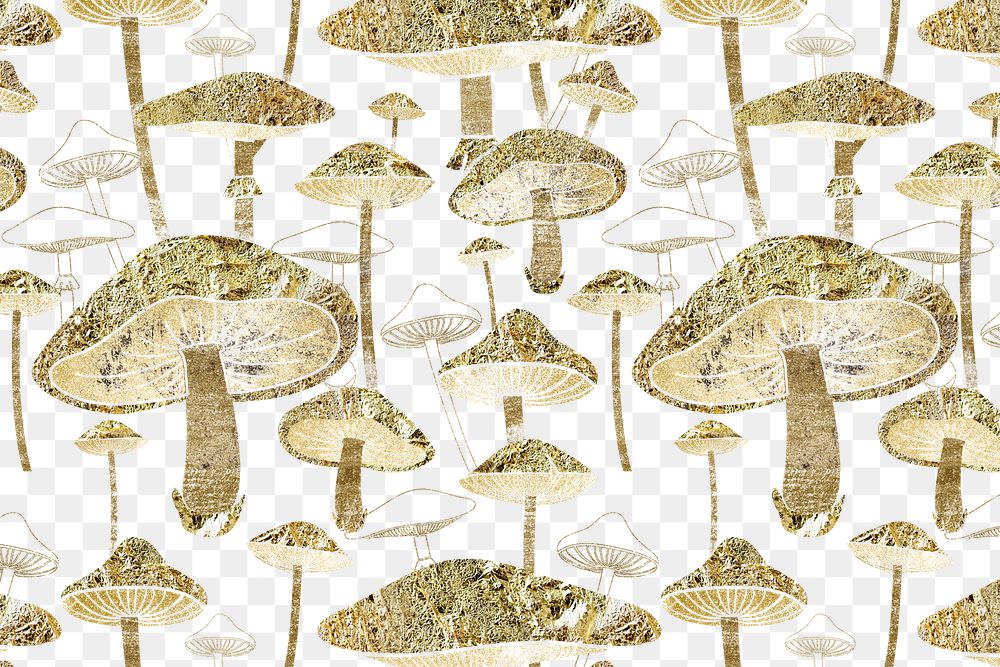 Mushroom psychedelic png pattern, transparent background, gold cottagecore design