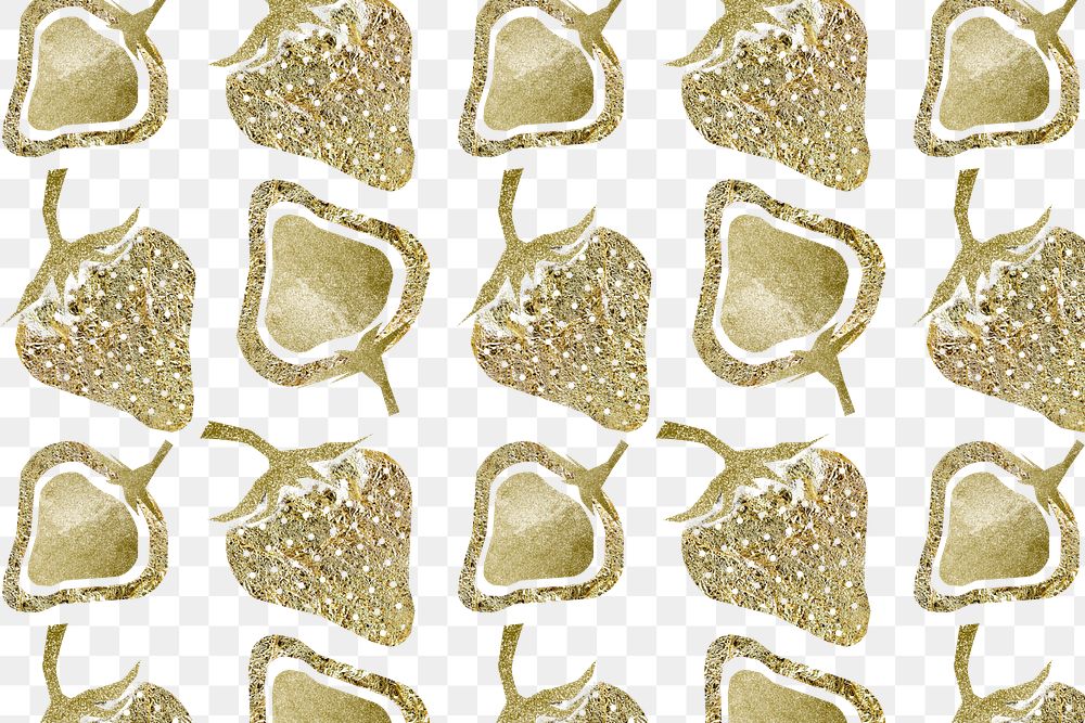 Strawberry fruit png pattern, transparent background, aesthetic gold