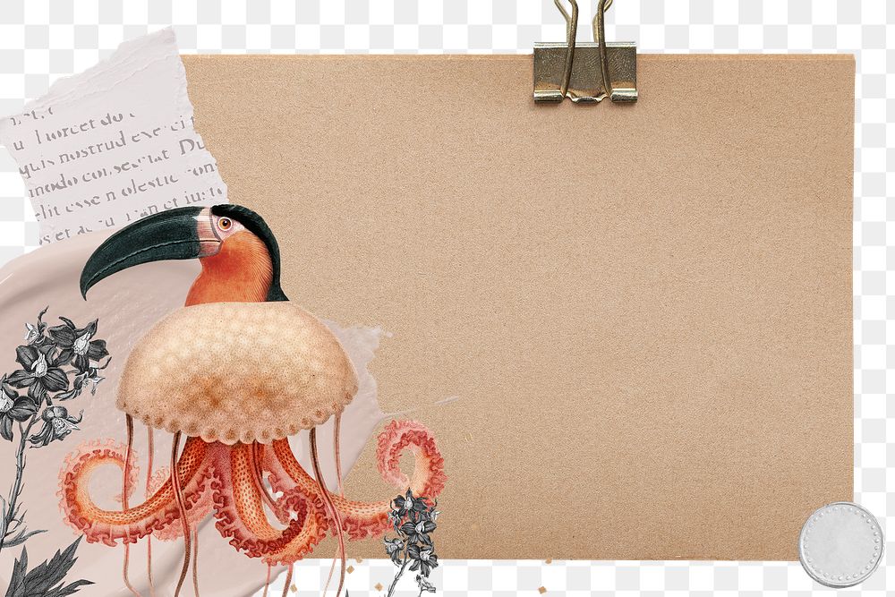 Retro toucan bird png sticker note transparent frame background, surreal hybrid animal scrapbook illustration