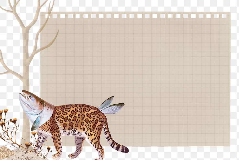 Retro leopard png sticker note transparent frame background, surreal hybrid animal scrapbook illustration