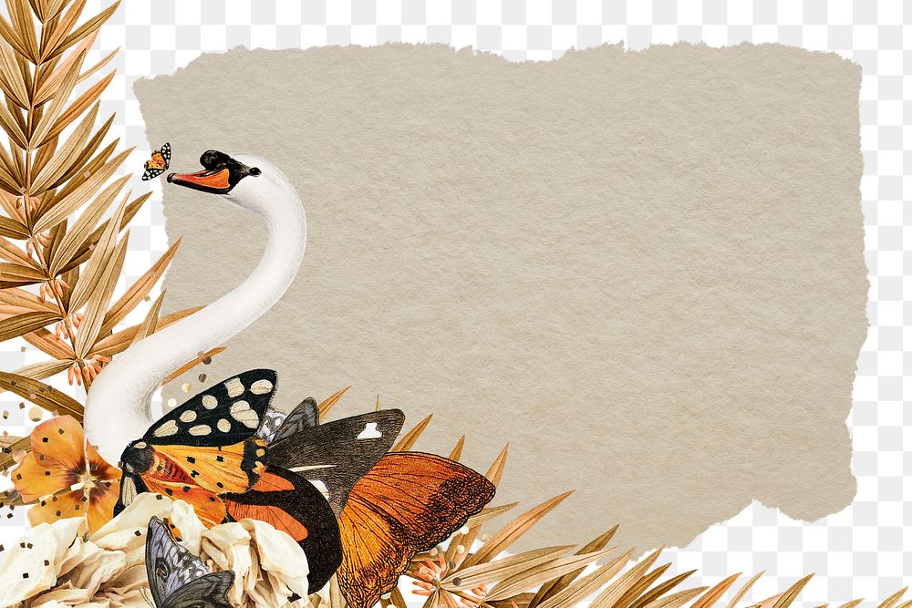 Retro swan png sticker transparent frame background, surreal hybrid animal scrapbook note illustration