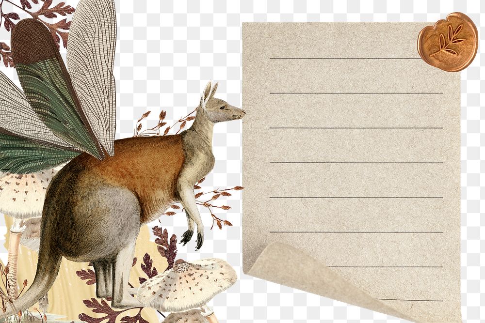 Kangaroo png sticker transparent frame background, surreal hybrid animal scrapbook note illustration
