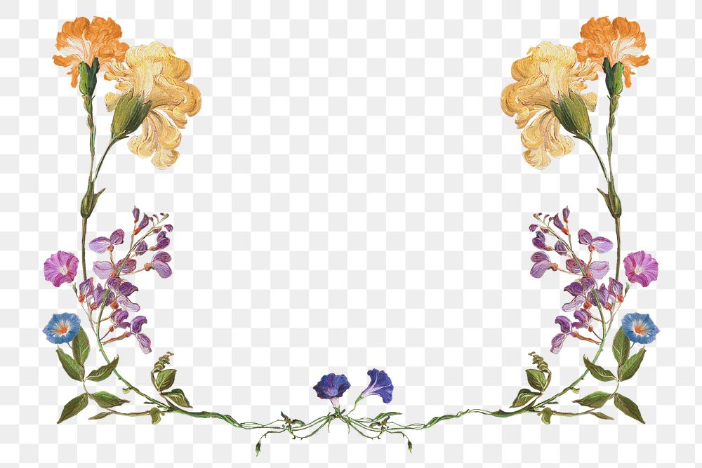 Colorful botanical png border, transparent background, remix from the artworks of Pierre Joseph Redout&eacute;