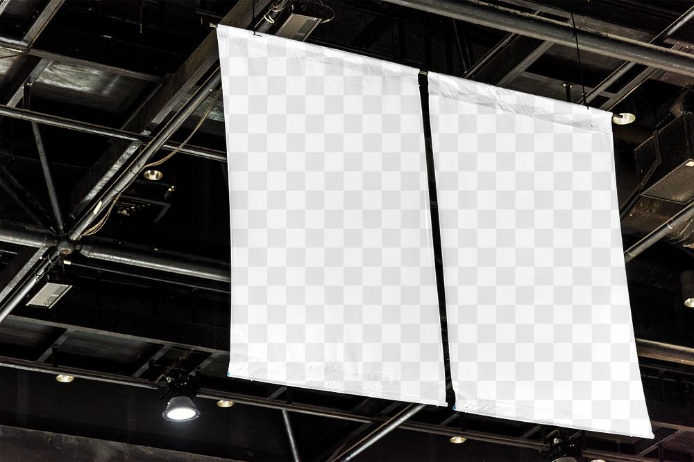 Ceiling fabric sign png mockup, transparent advertisement