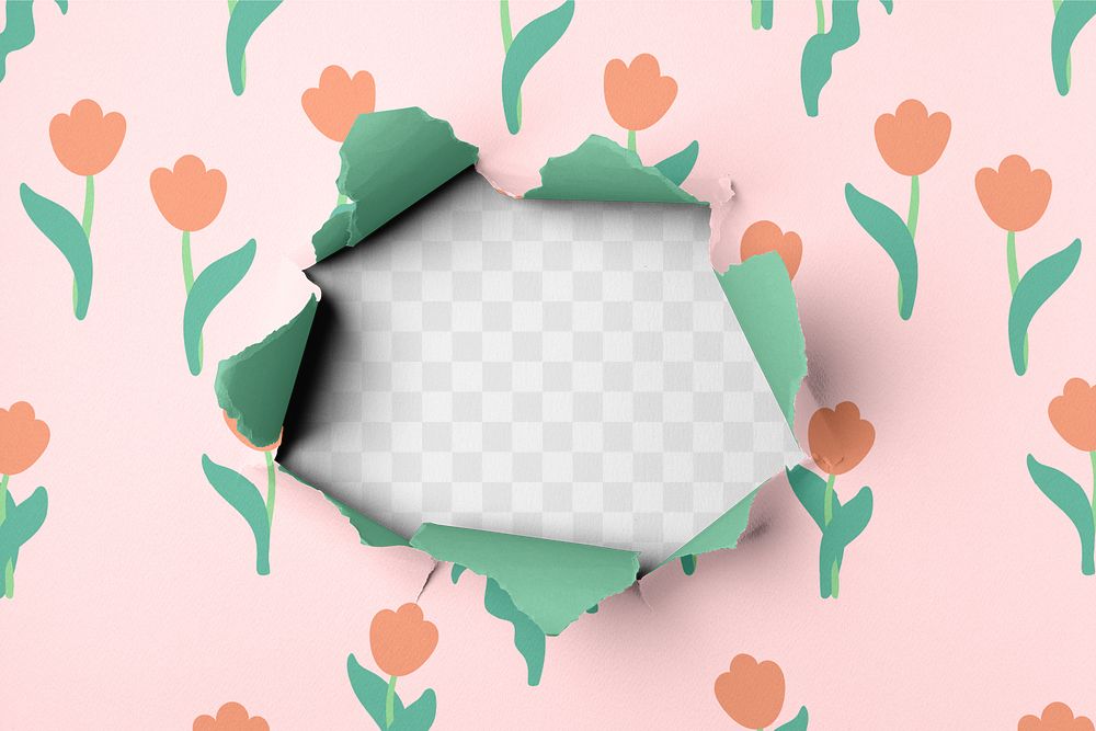 Paper hole png mockup, floral pattern on transparent background