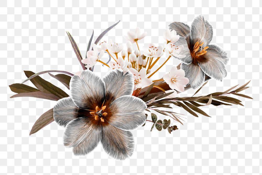 Greige flowers png, bouquet sticker, floral design in transparent background