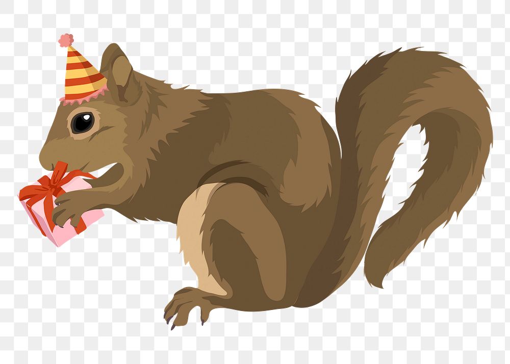 Chipmunk png holding a gift, birthday party illustration clipart, sticker in transparent background