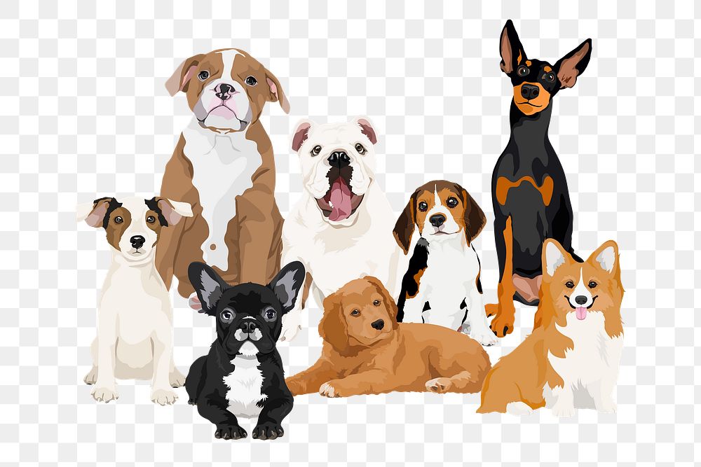 Dogs and puppies png illustration sticker, different breeds, transparent background