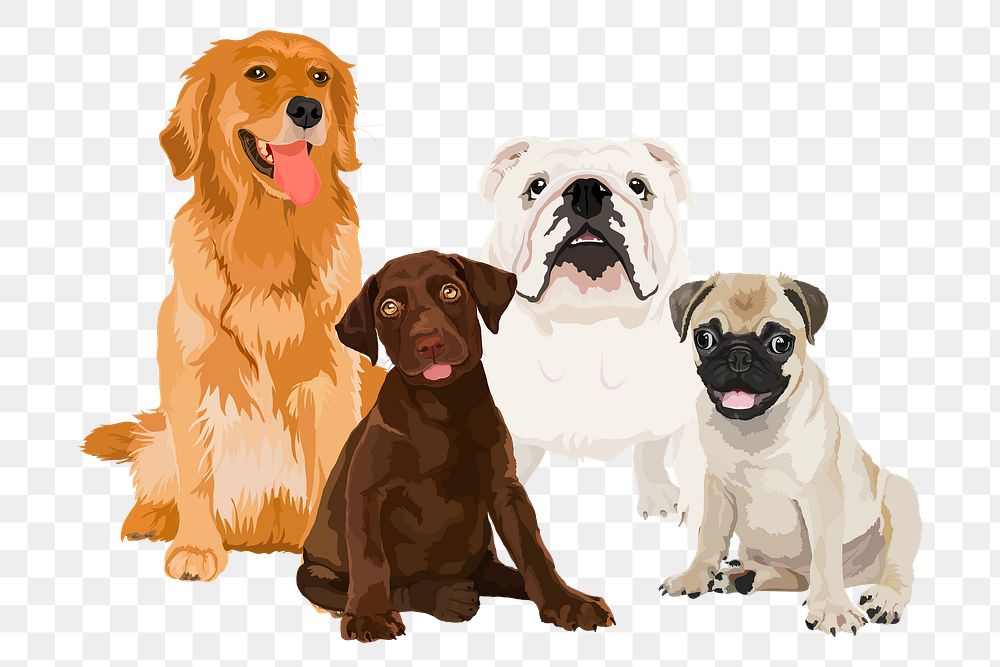 PNG dogs and puppies sticker, adoption campaign illustration, transparent background