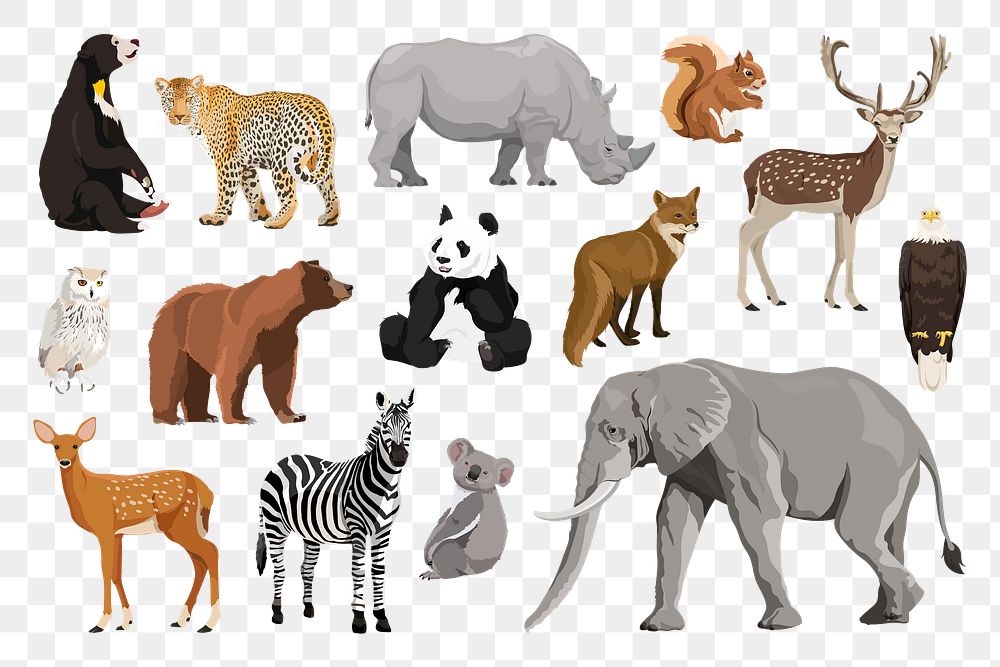 PNG wild animals illustration sticker set, transparent background