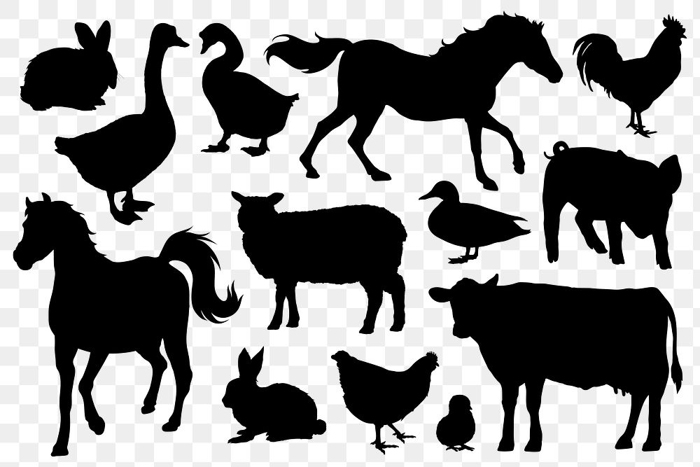 PNG farm animals silhouette sticker, illustration design element set, transparent background