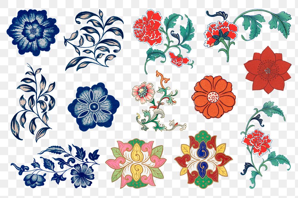 Flower png sticker, aesthetic vintage Chinese graphic, transparent background set