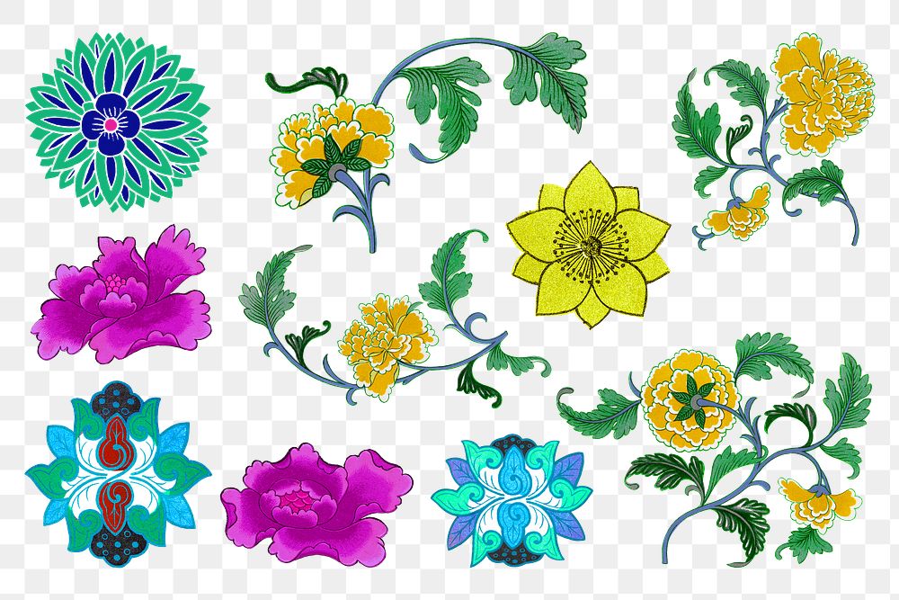 Flower png sticker, aesthetic vintage Chinese graphic, transparent background set