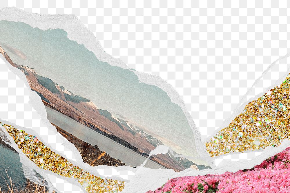 Surreal landscape png border, ripped paper collage art transparent background