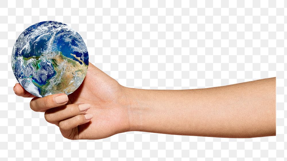 Png hand holding globe sticker, transparent background