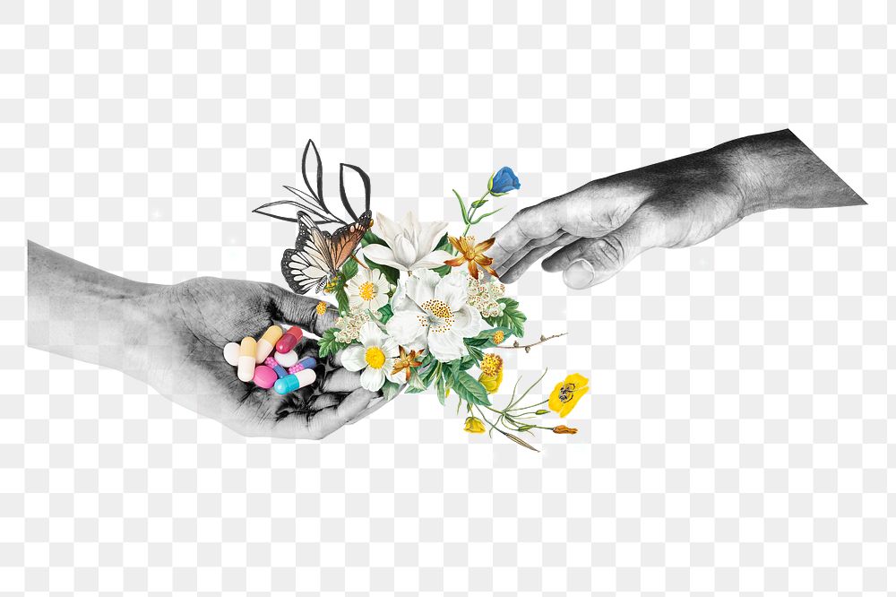Helping hand png sticker, antidepressants and flower transparent background