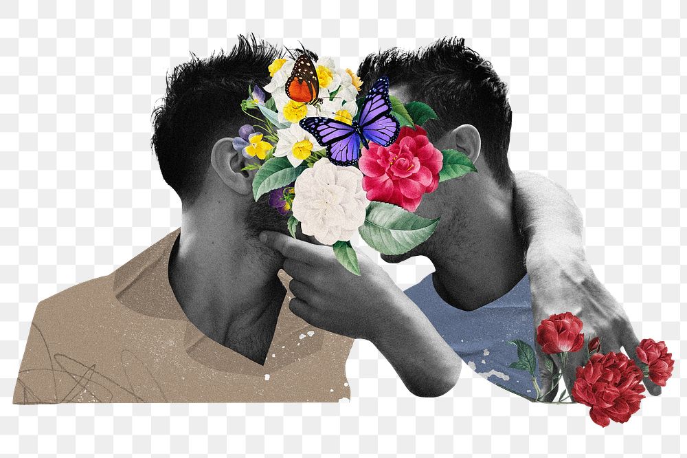 Gay kissing png sticker, floral collage art, transparent background