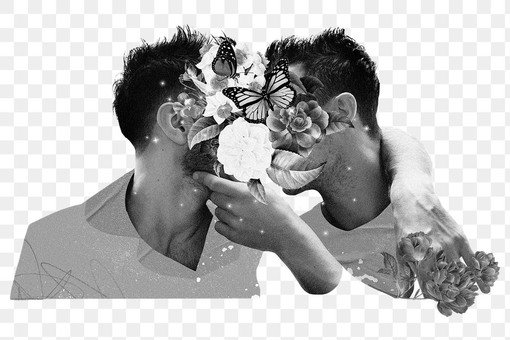 Grayscale lovers kissing png sticker, LGBT transparent background