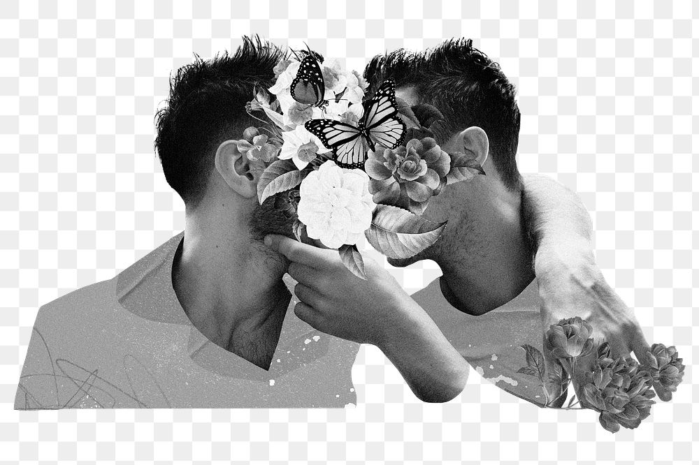 Png grayscale lovers kissing  sticker, gay couple transparent background