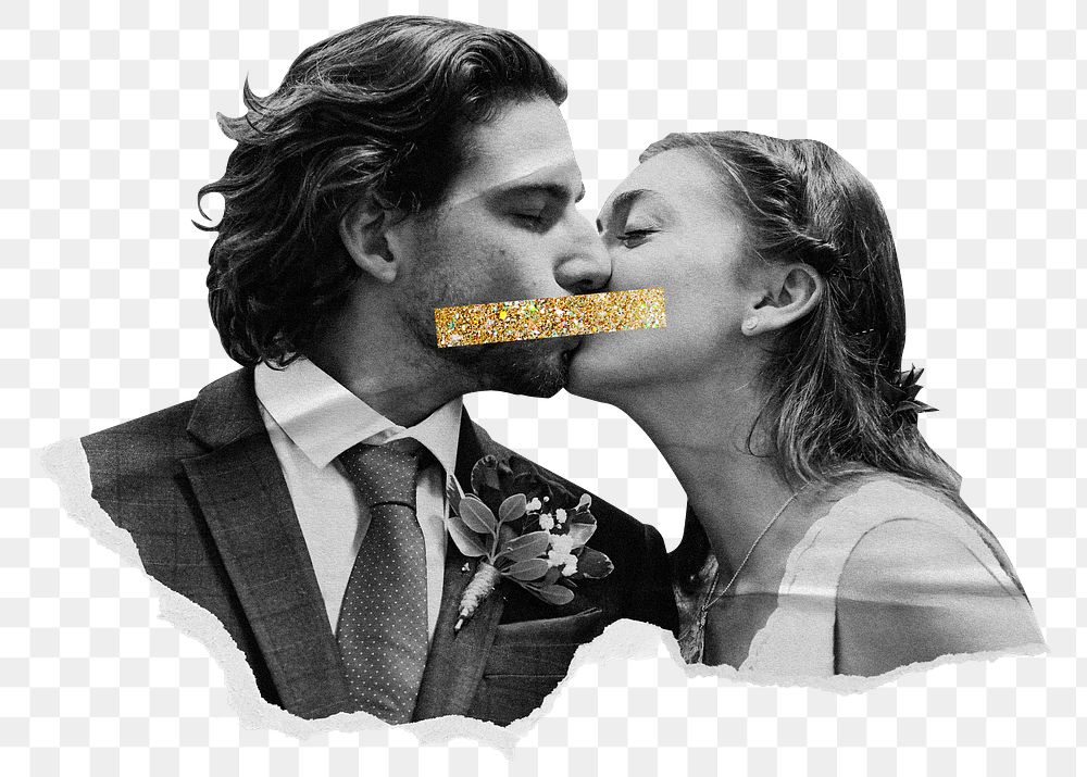 Couple kissing png sticker, gold Washi tape transparent background