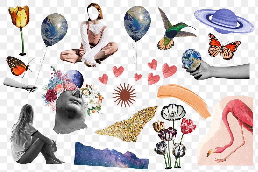 Png health & wellness collage set sticker, surreal mixed media transparent background