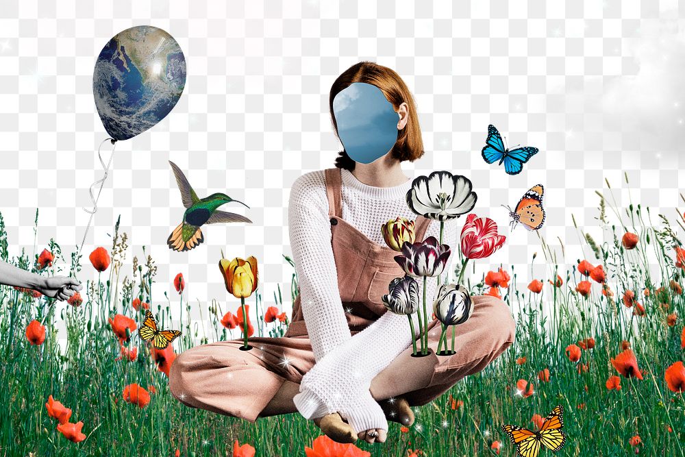 Surreal aesthetic png sticker, faceless woman collage transparent background
