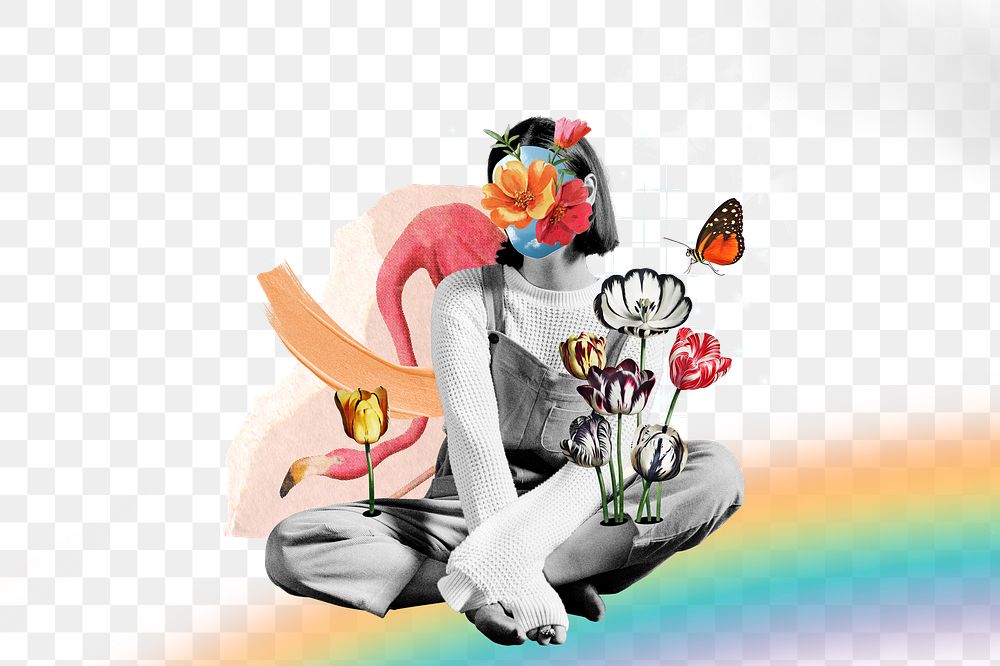 Floral face png sticker, surreal collage art transparent background