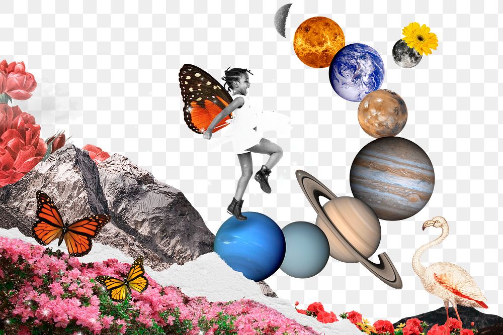 Planet collage png sticker, surreal escapism transparent background