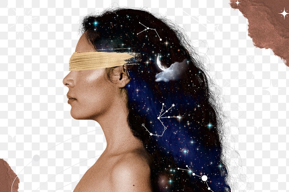Blindfolded woman png sticker, celestial transparent background