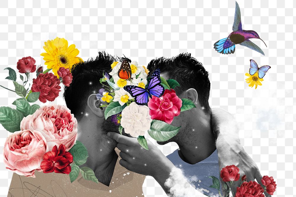 Png gay couple kissing sticker, floral face collage art transparent background