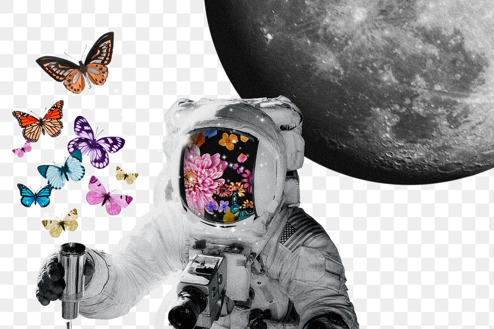 Astronaut collage png sticker, butterfly transparent background