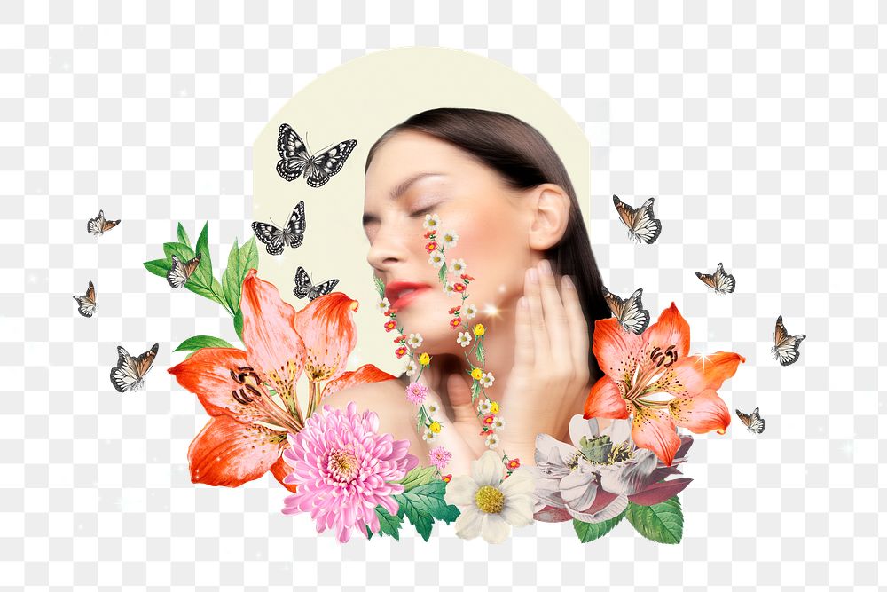 Self love png sticker, floral face woman transparent background