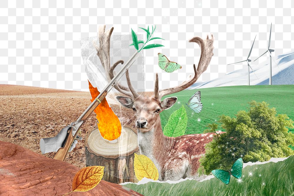 Deer in nature png collage, mixed media, transparent background