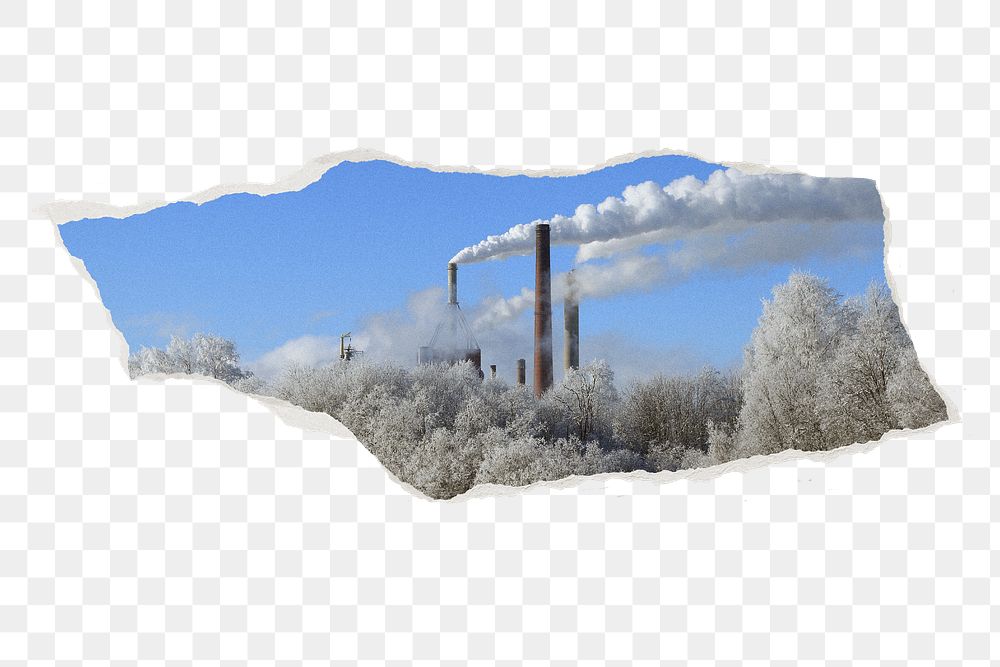 Factory in winter png ripped paper, transparent background