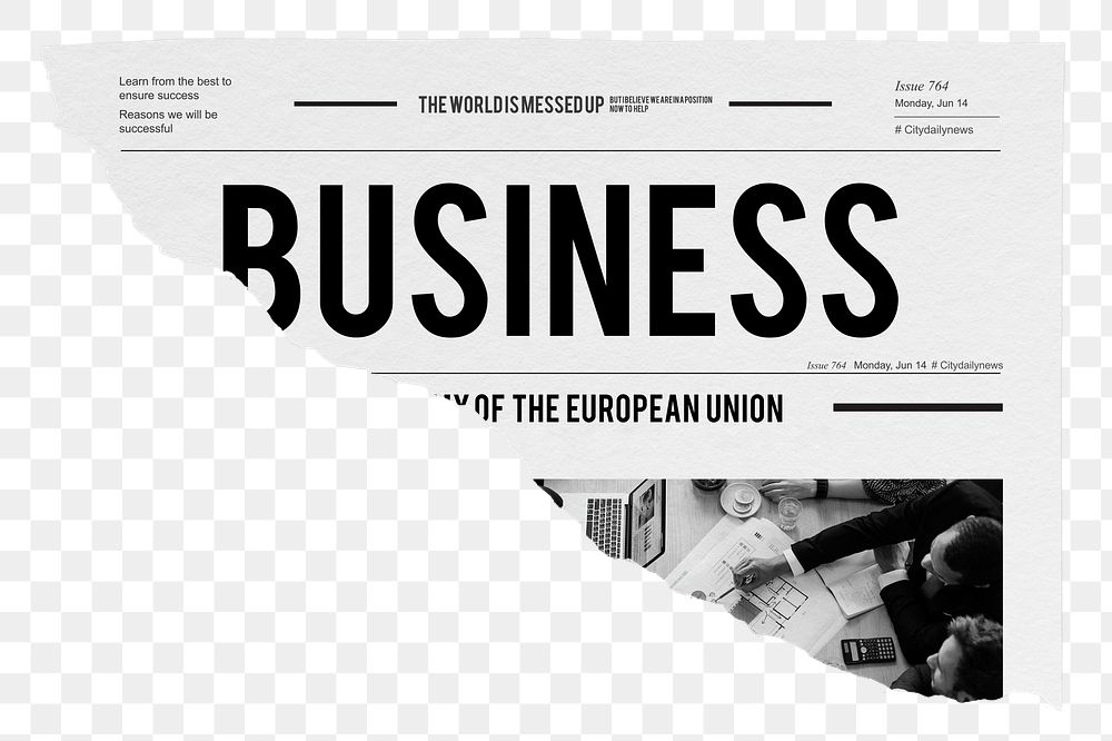 Business png newspaper headline, ripped paper, transparent background