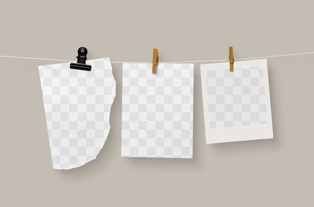 Paper & frame png mockups hanging on clothing line, transparent design