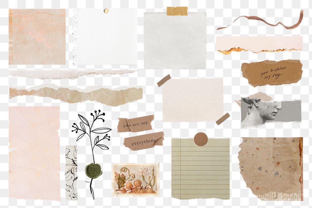 Torn paper png stickers, ephemera collage element set, transparent background
