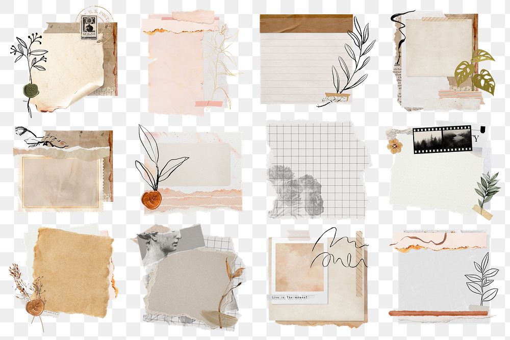 Ephemera collage png paper stickers, transparent background set