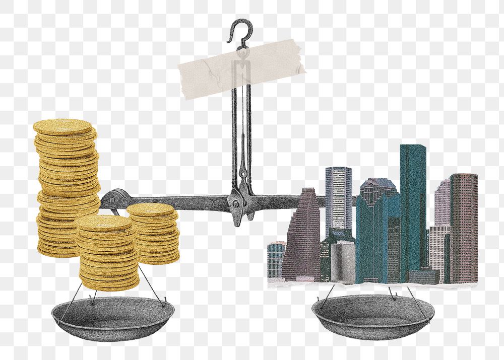 Buildings money on scale png, real estate collage element on transparent background