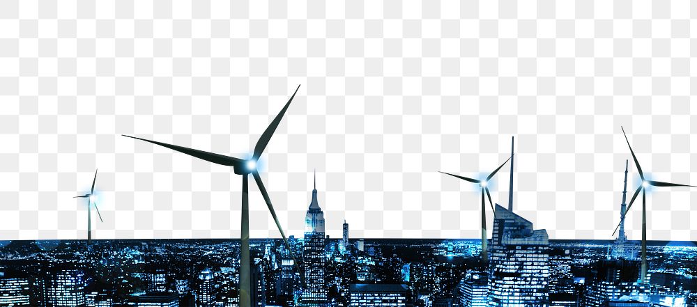 Renewable energy city png border, wind turbine, transparent background