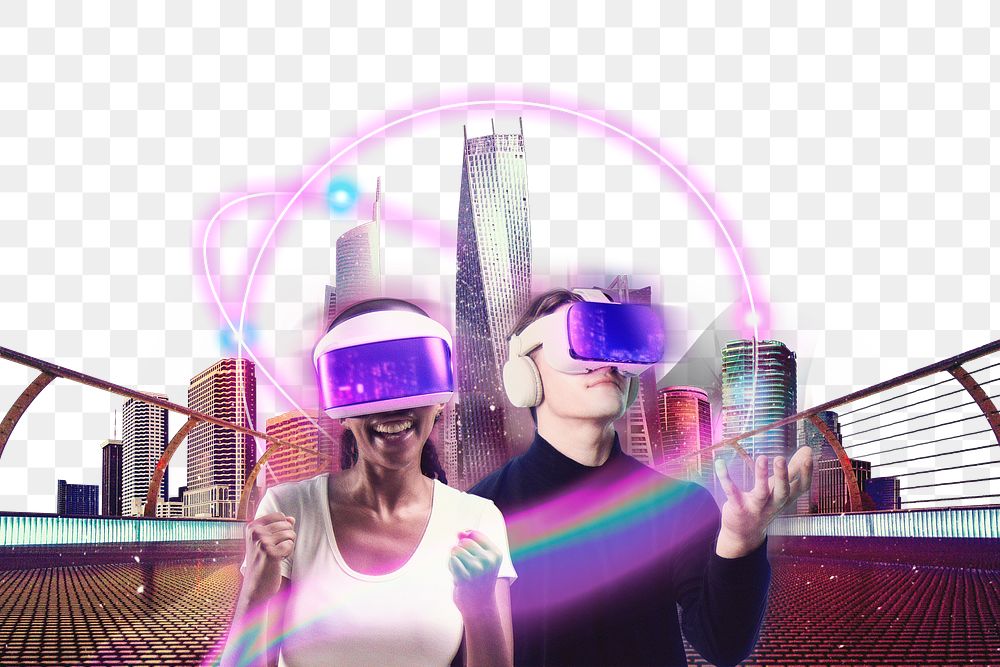 Technology png sticker, people experiencing VR headsets, transparent background