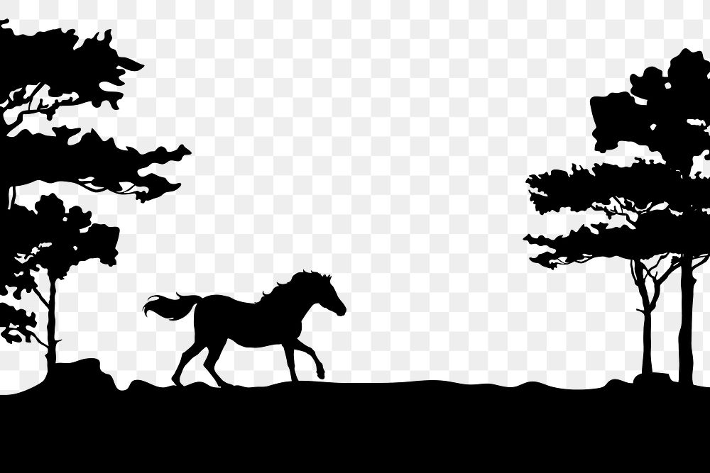 Nature silhouette png, horse in forest collage element, transparent background