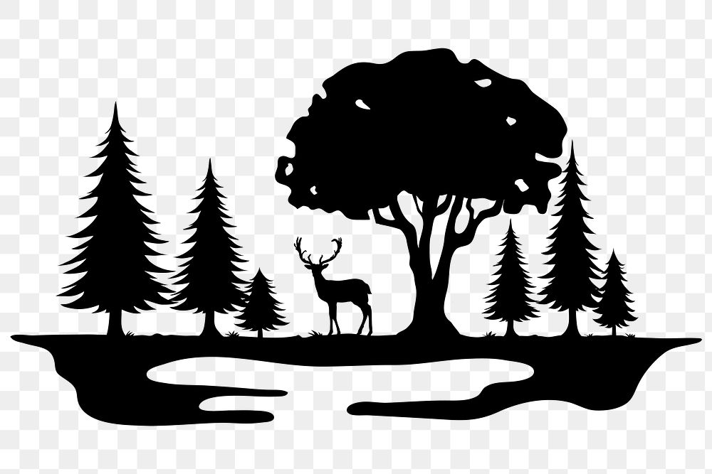 PNG silhouette deer in forest, nature collage element, transparent background