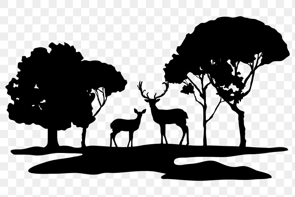 Wildlife silhouette png, deer in forest collage element, transparent background