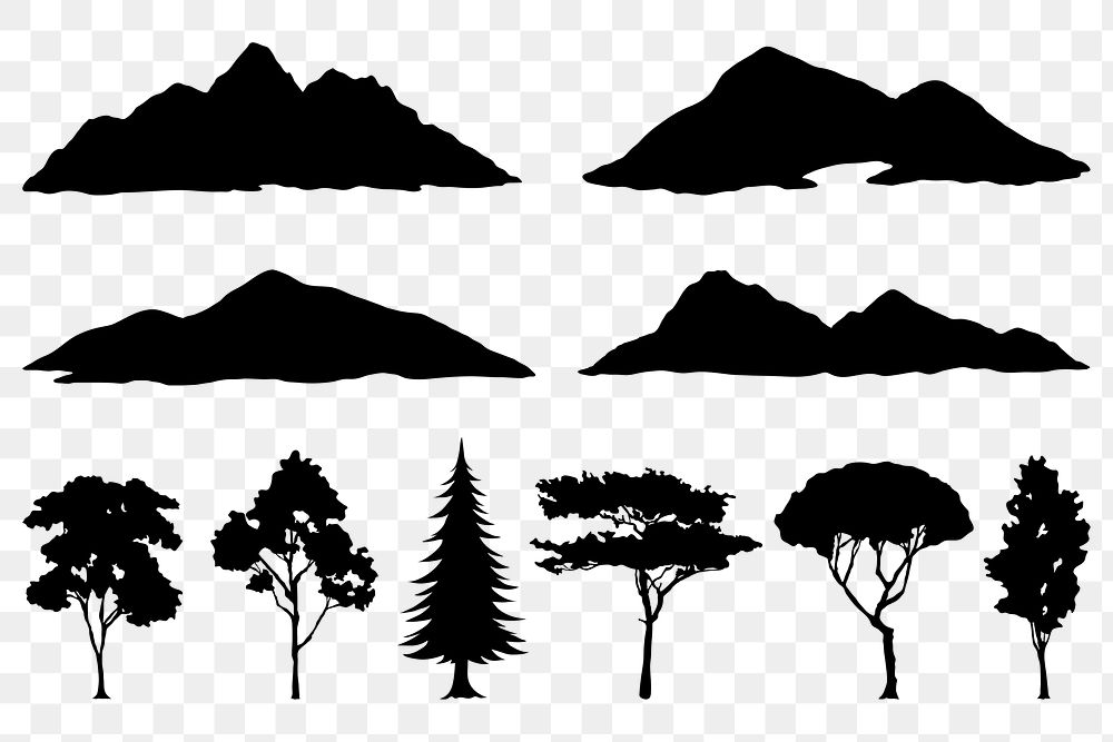PNG nature silhouette collage elements, transparent background