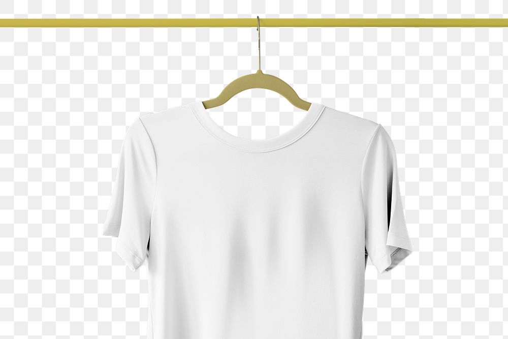 White tee png sticker, hanging on clothing rack in transparent background